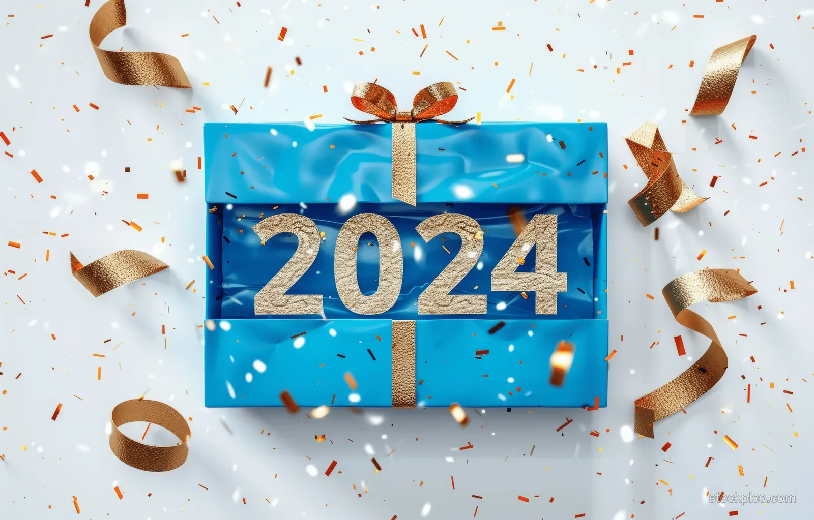 3D blue gift box tied with a golden ribbon showing 2024 surrounded by gold confetti.