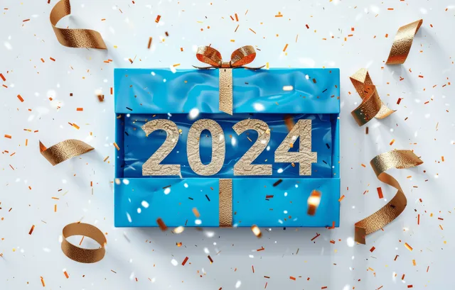 3D blue gift box tied with a golden ribbon showing 2024 surrounded by gold confetti.