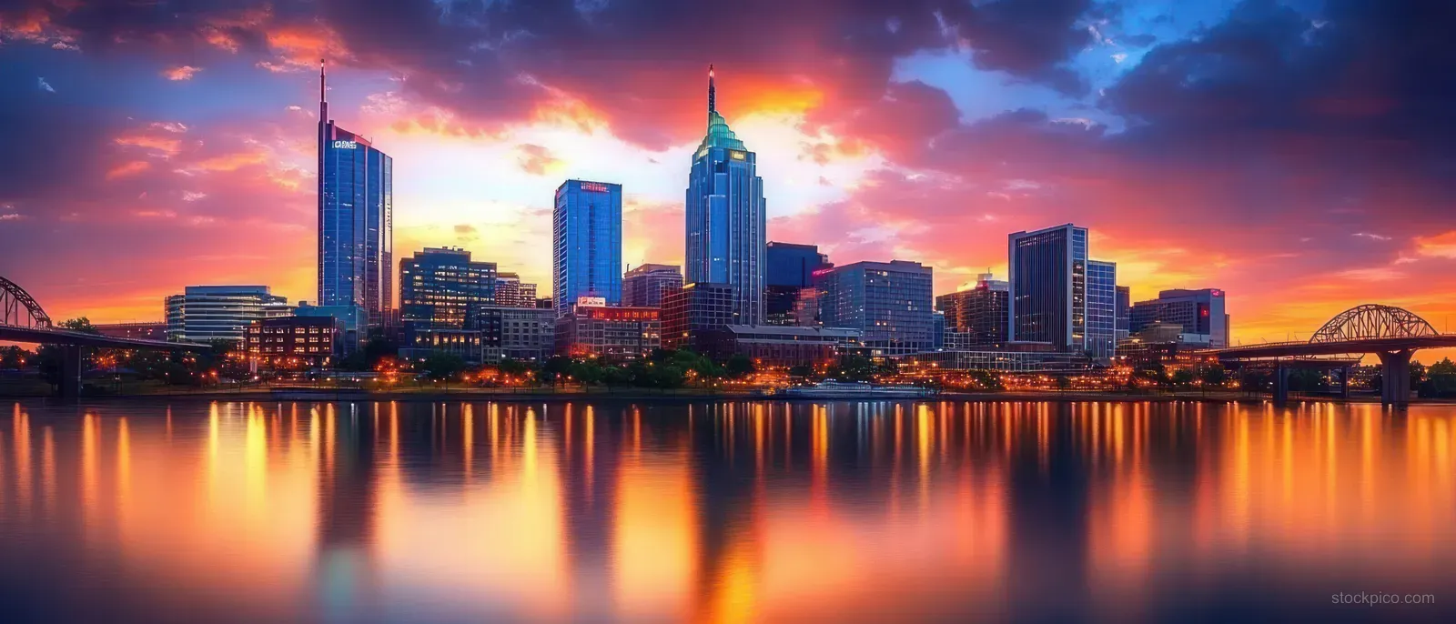 City skyline at sunset with bridges on both sides and colorful clouds mirrored in a calm river.