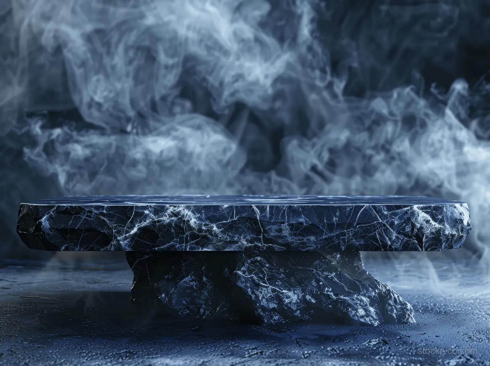 Dark blue marble platform sits in swirling mist and smoke under moody blue light.