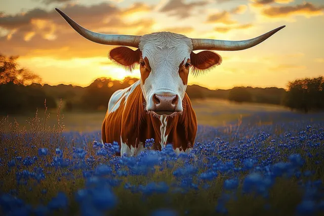 Longhorn cow close-up standing in bluebonnets under a glowing Texas sunset sky.