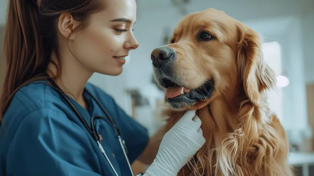 Young female veterinarian gently examines a golden retriever during a clinic health check