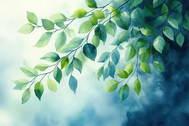 Breezy green leaves drifting against blue watercolor sky with soft cloud wash