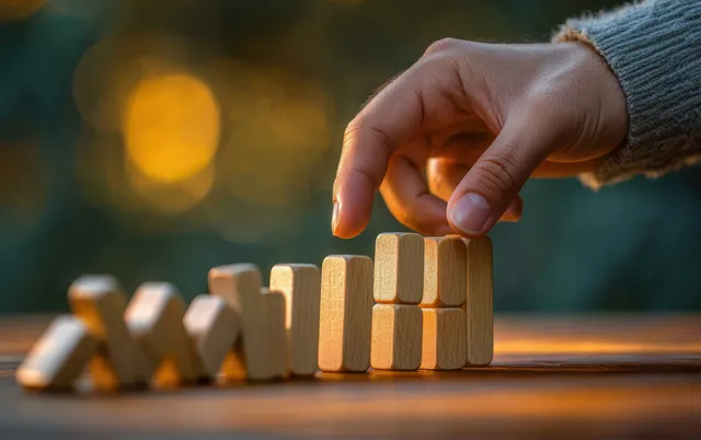 Hand sets a wooden block upright on a table, stopping a domino-like chain of falling blocks under warm bokeh light.
