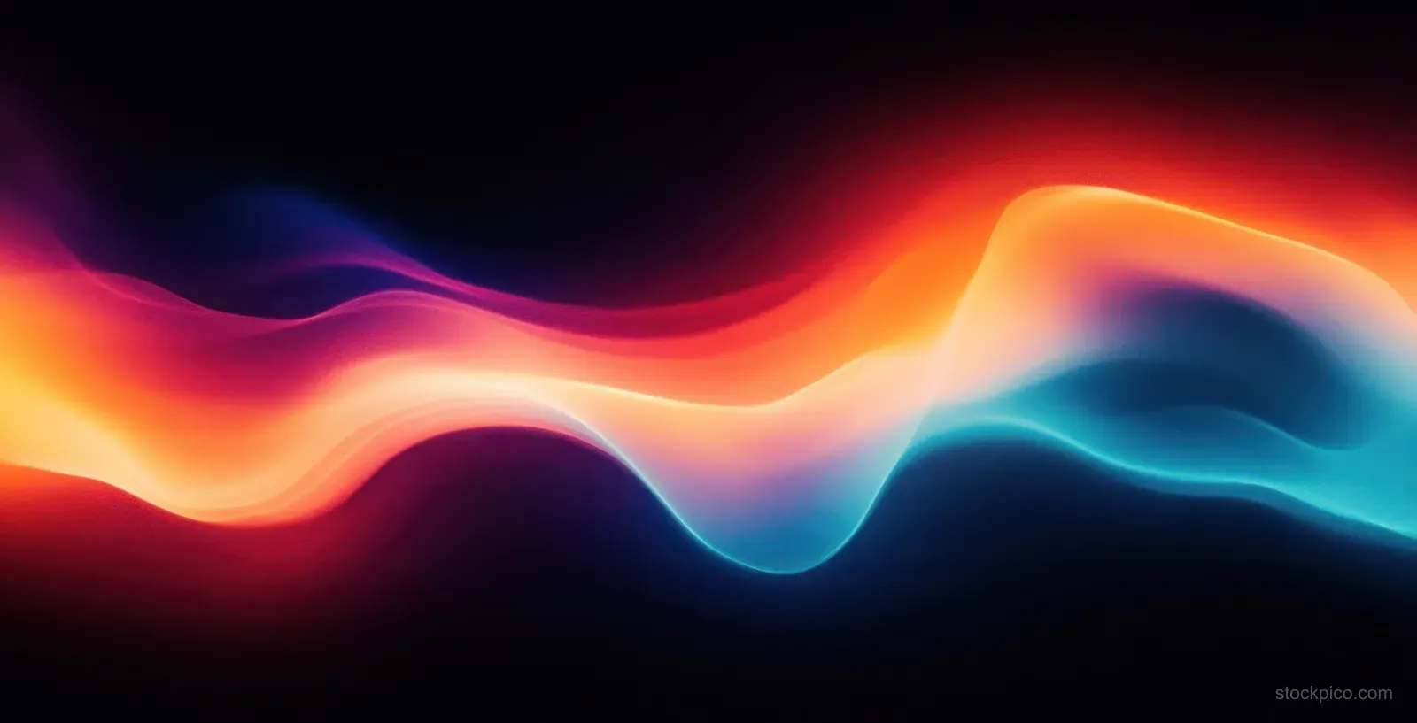 Neon gradient waves ripple across a dark abstract background with glowing blue and orange curves.