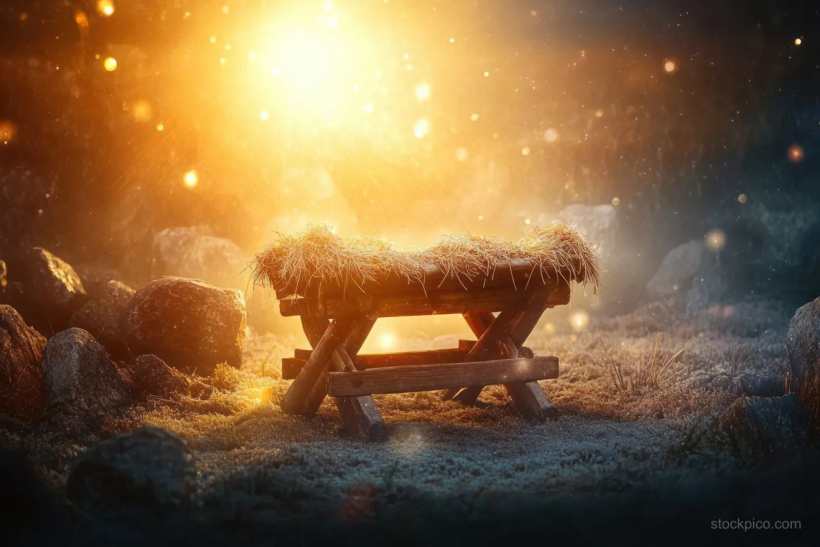 A wooden manger in a dark cave is illuminated by radiant holy light with glowing particles and soft bokeh.