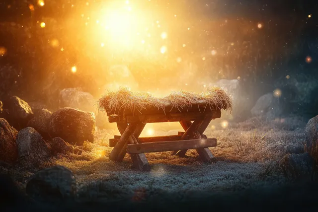 Nativity manger in a rocky cave with radiant holy light and soft bokeh