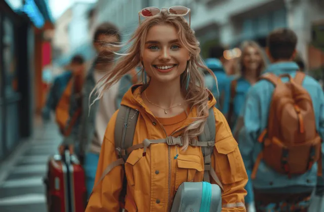 Students walk into a youth hostel entrance carrying backpacks and suitcases while laughing together outdoors.