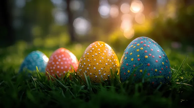 Colorful painted Easter eggs sit in green grass with warm sunlight and a blurred spring background.