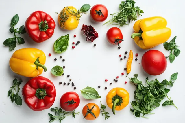 Colorful peppers tomatoes herbs arranged in a circular overhead vegetable still life