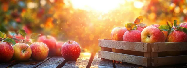 Ripe apples in wooden crates glowing at sunset outdoors