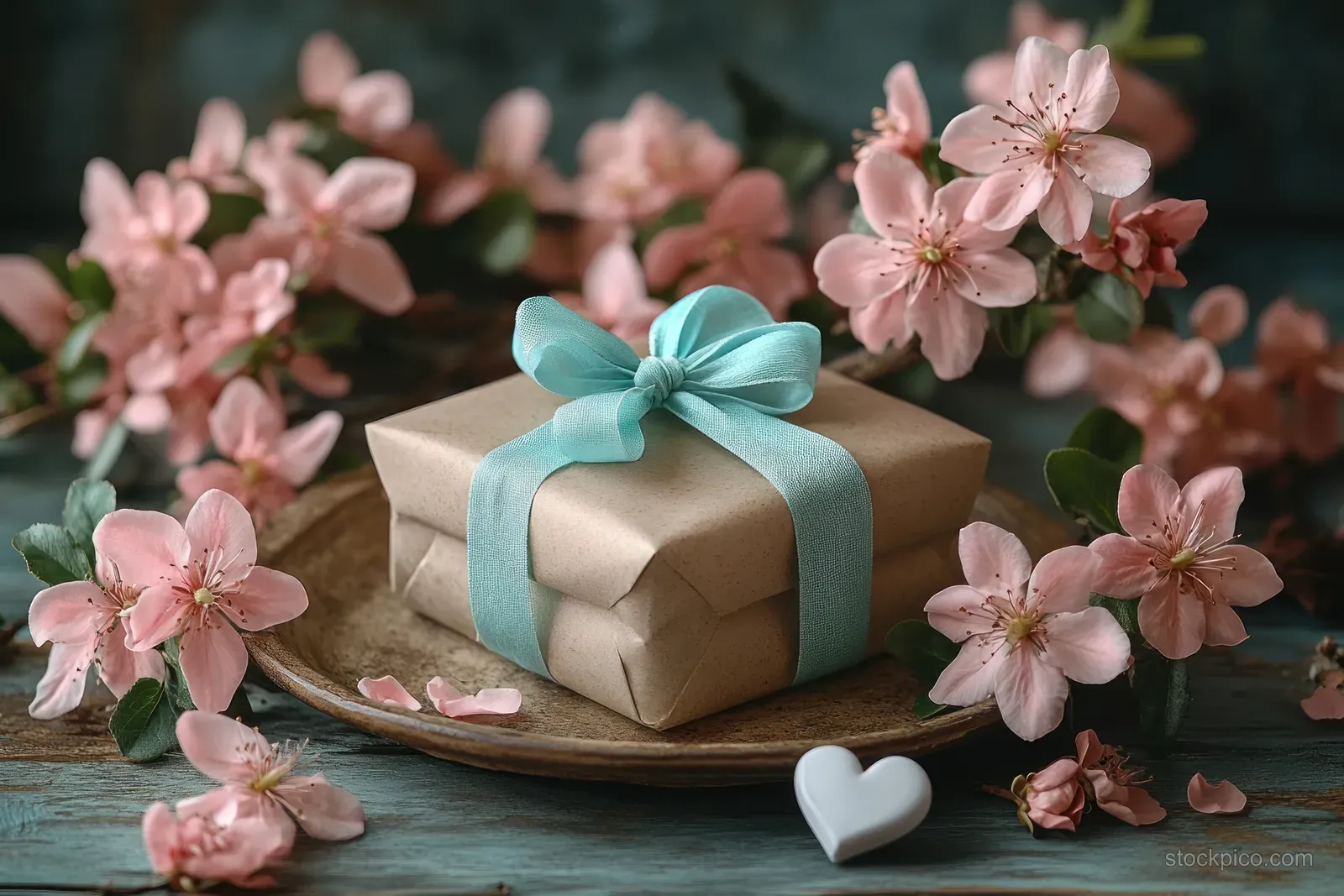 Kraft gift box with turquoise ribbon on a rustic plate among scattered pink flowers.