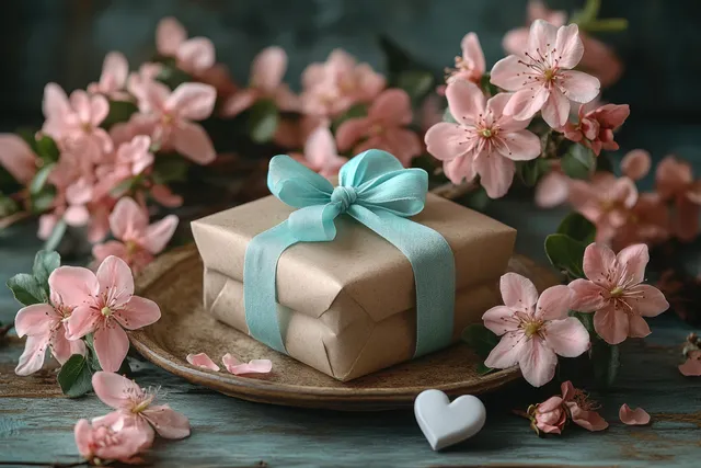 Baptism and communion gift card on rustic plate with turquoise ribbon and pink blossoms