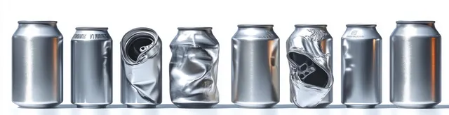Eight silver metal cans in a row show different levels of crushing and dents against a white background.
