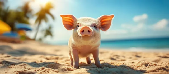 Cute piglet in sunglasses standing on a sandy beach with the ocean and palm trees blurred behind.