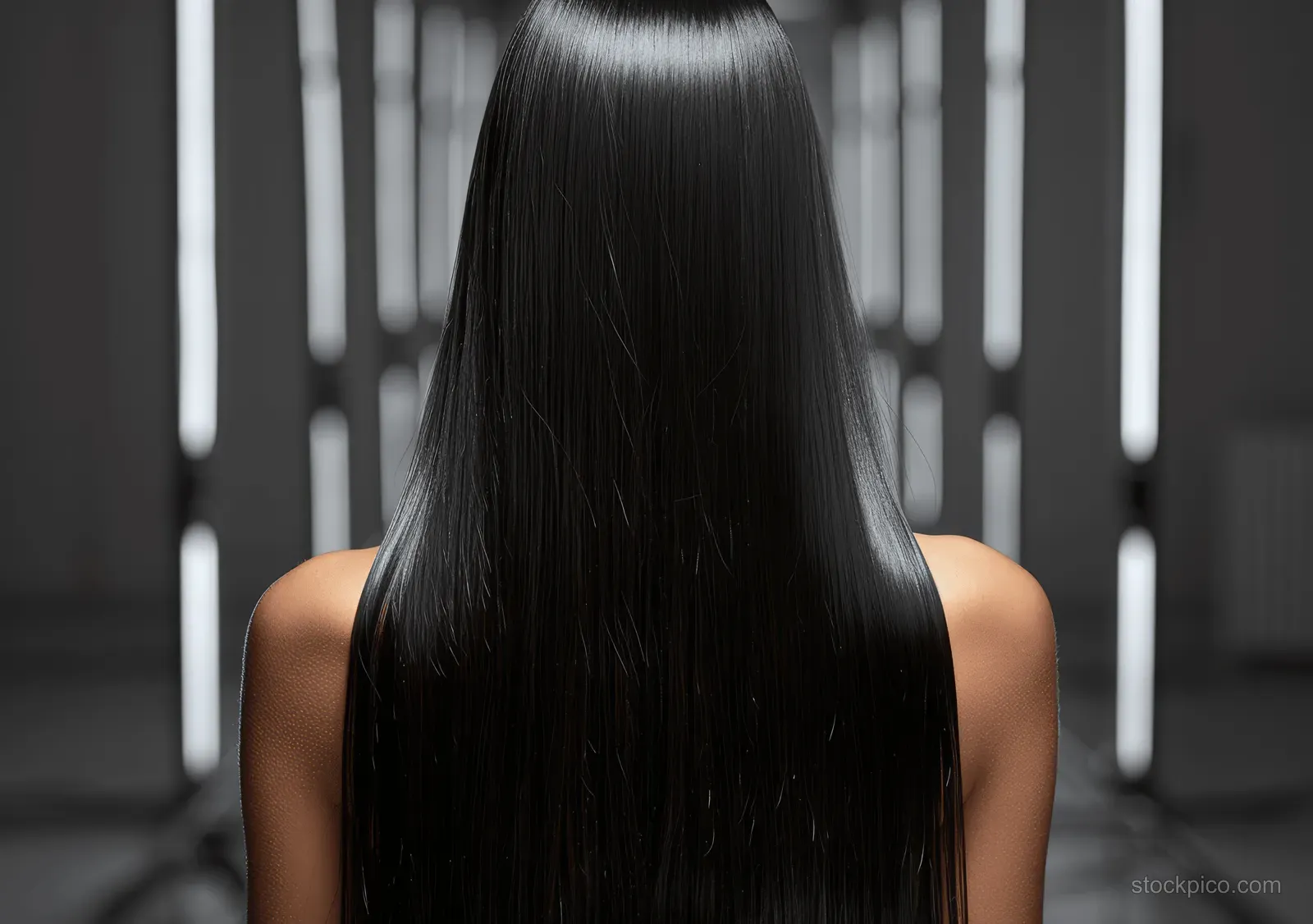 Full-length back view portrait of a woman with long straight black hair in a softly lit studio.