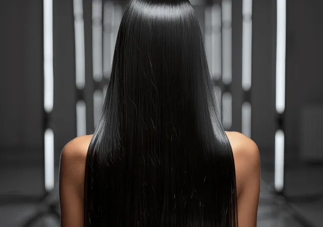 Back view full-length portrait of a woman with long black straight hair in studio light
