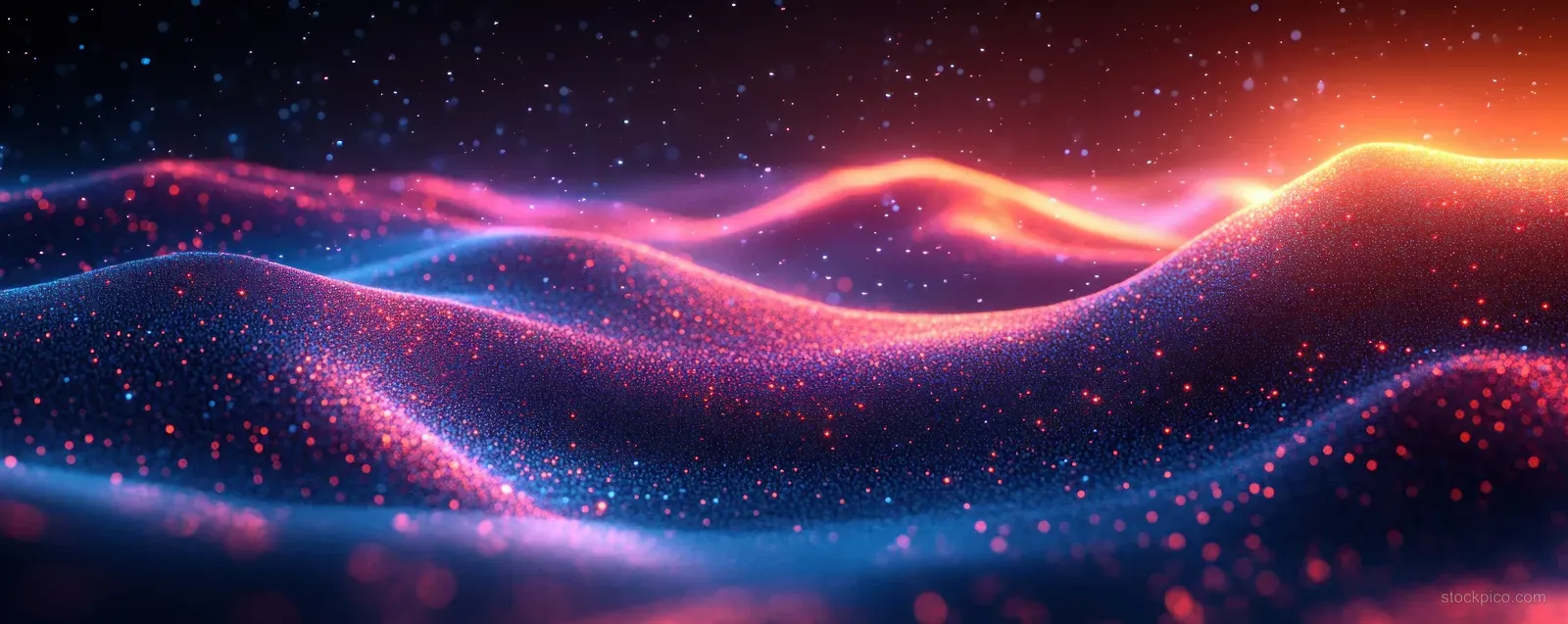 Glowing abstract waves and connected nodes imply neural network data transfer over a dark digital landscape.