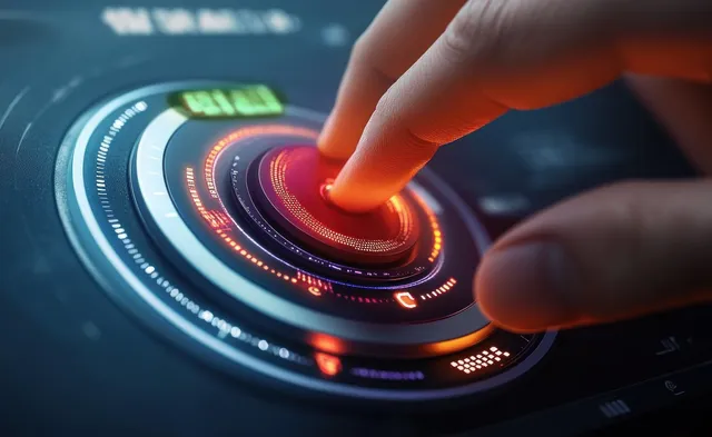 A hand taps an illuminated dial on a digital dashboard, implying marketing analytics for lead conversion.