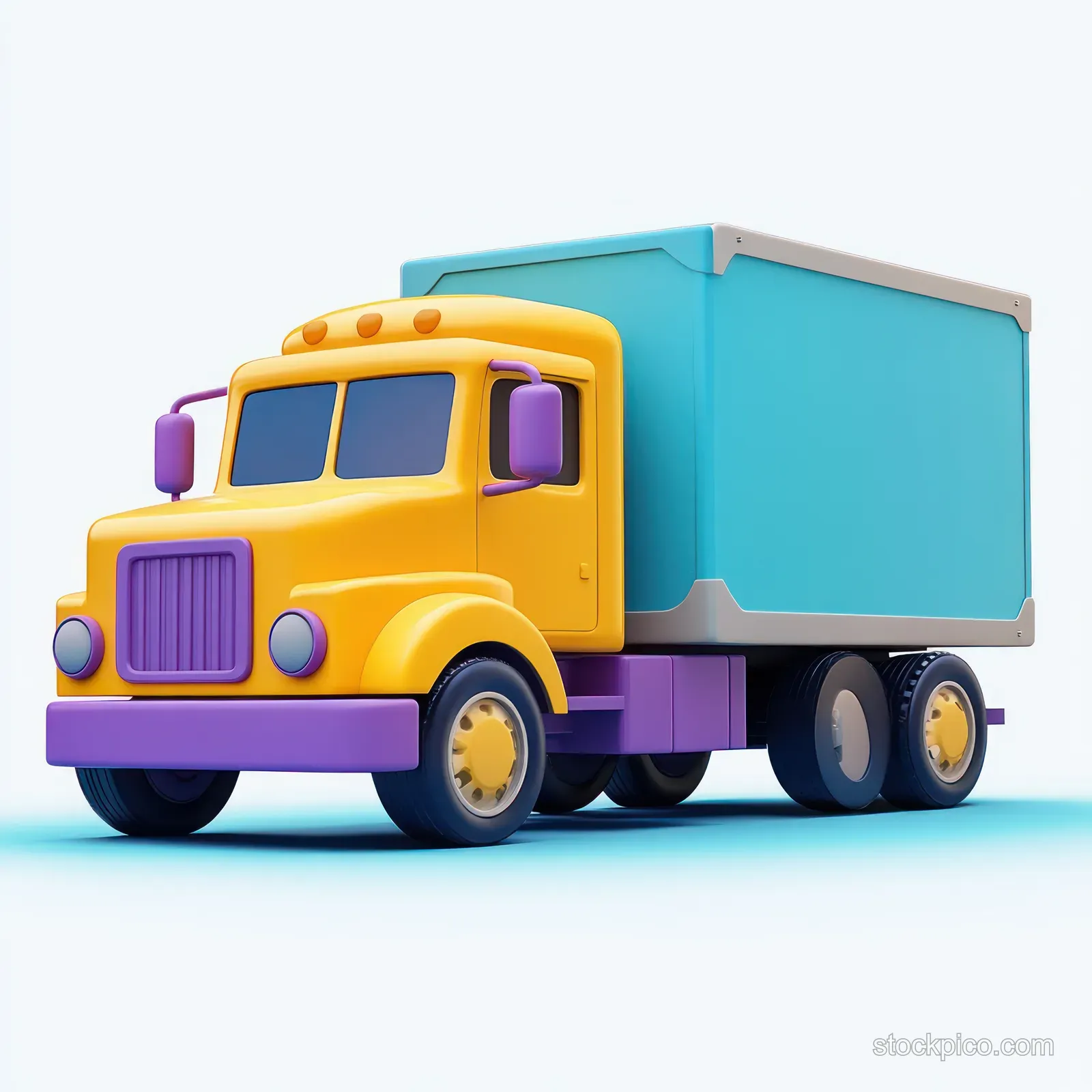 A colorful 3D delivery truck with a yellow cab and blue cargo box is isolated on a white background.