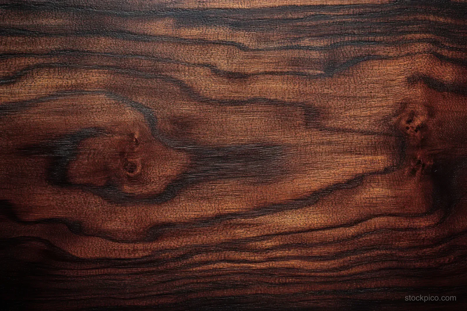 Close-up of a dark brown wooden surface with visible grain patterns, knots, and smooth polished texture.
