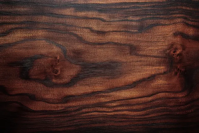 Close-up of a dark brown wooden surface with visible grain patterns, knots, and smooth polished texture.