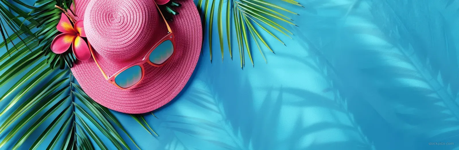 Pink beach hat and sunglasses with palm leaves arranged on a bright azure blue background.