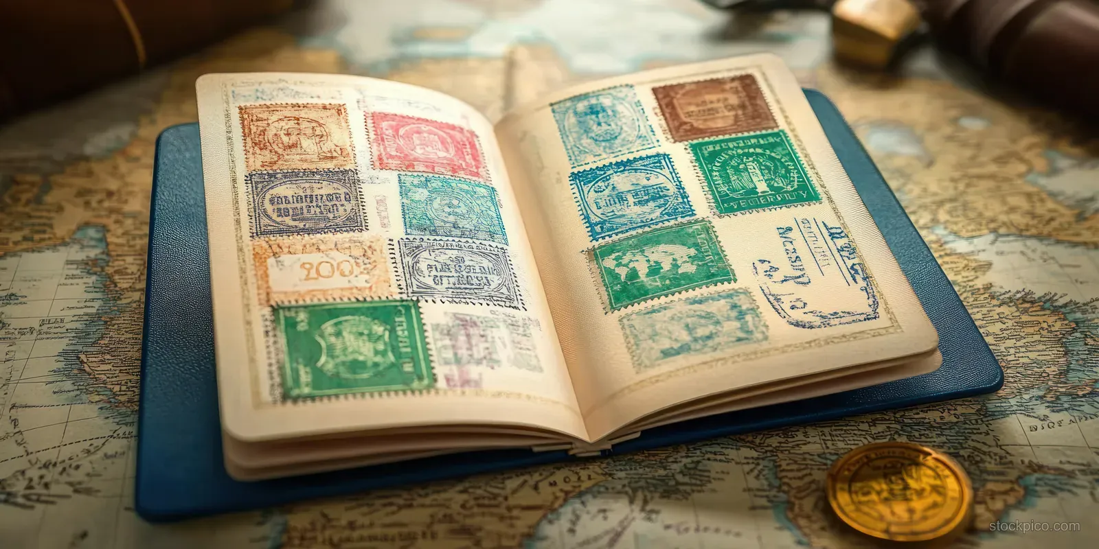 Open vintage stamp album on a world map with multiple postage stamps and a golden coin on the side.