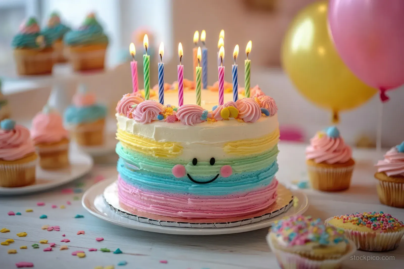 Layered birthday cake with a smiling face and lit candles on a party table with cupcakes and balloons.