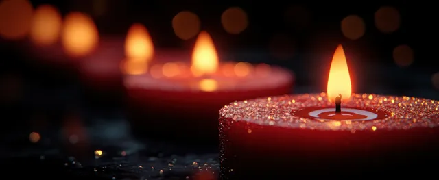Fourth Sunday Advent candle flame glowing on dark Christmas table, soft bokeh