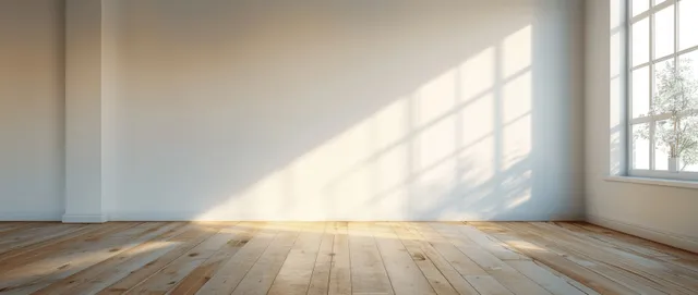 Sunlit empty room with wooden floor, large window, and soft shadows on white walls