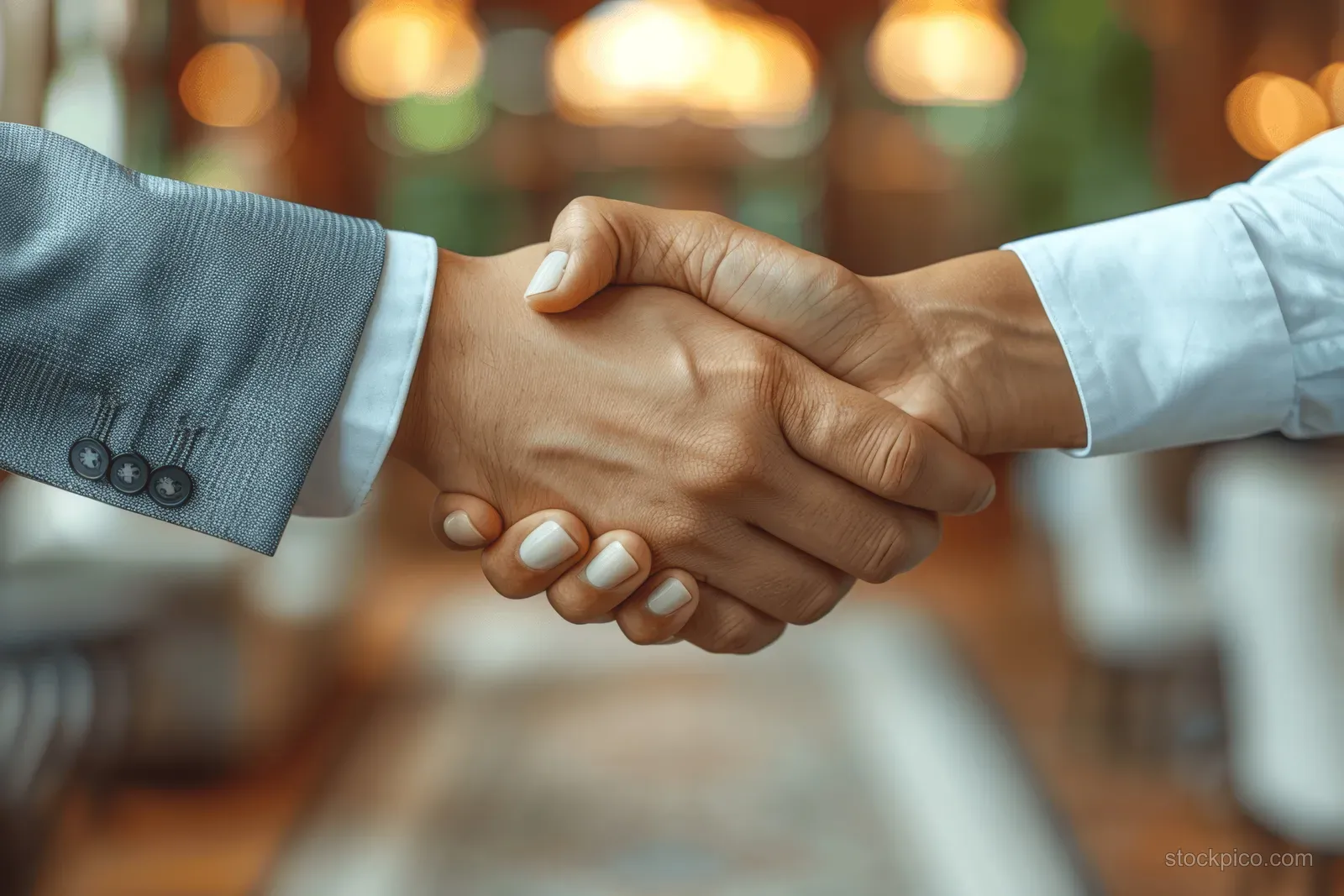A businesswoman and male executive shake hands in an office during a business partnership meeting.