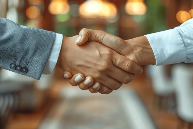 A businesswoman and male executive shake hands in an office during a business partnership meeting.