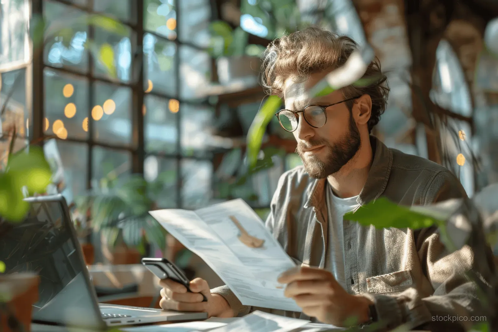 A man with glasses reviews paperwork at a desk, using a laptop and smartphone in an indoor office.