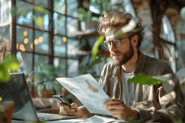 Focused entrepreneur with glasses reviewing documents on phone and laptop at desk indoors