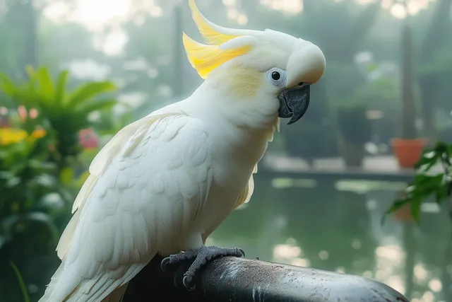 Sulphur-crested cockatoo with crest raised perched on a branch in a green garden with soft sunlit background.