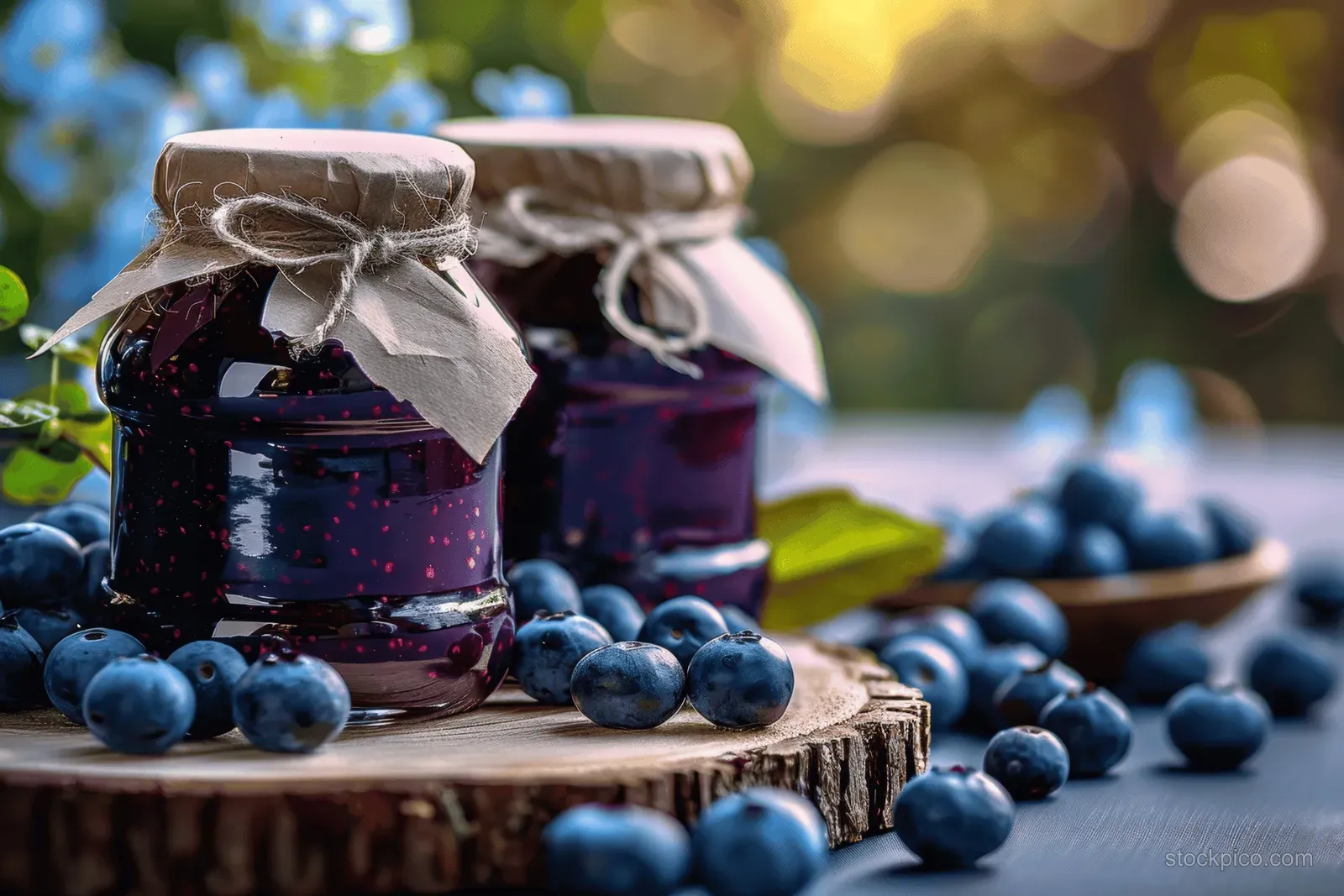 Glass jars of blueberry jam sit on a wooden slab with fresh blueberries nearby.
