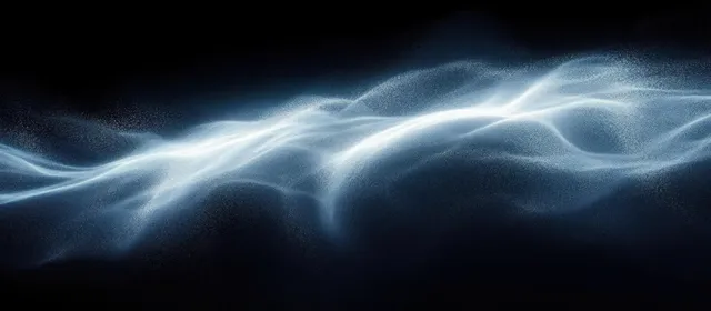 White particle streams form smooth glowing wave bands across a dark background.