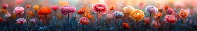 Colorful tulip and wildflower collage stretching across a sunny grassy field