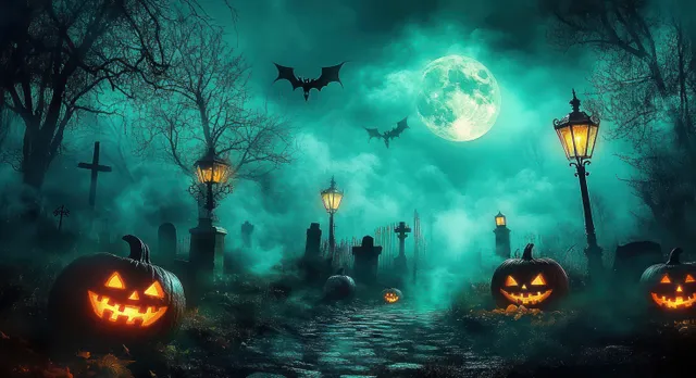 Foggy night graveyard with glowing jack-o'-lanterns, gravestones, and bats under a bright moon.