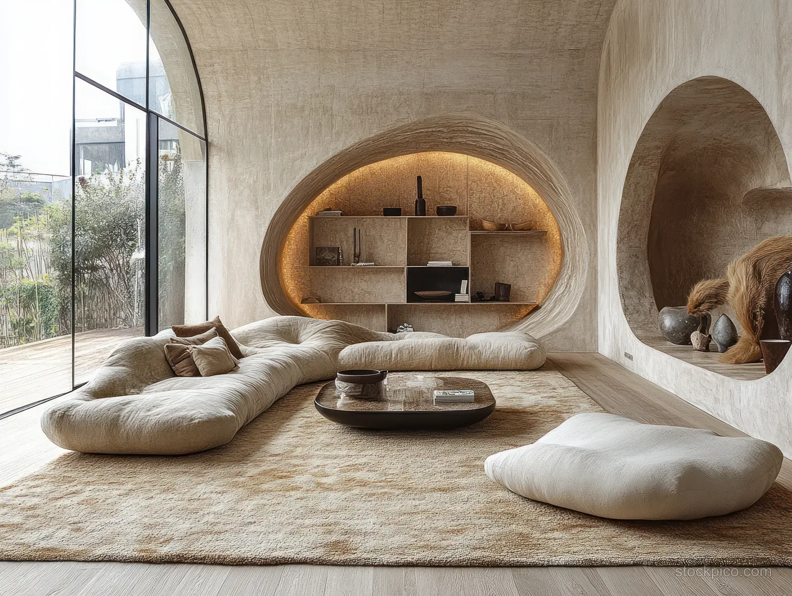 Beige wall sofa in a minimalist living room with arched recesses and warm window light.