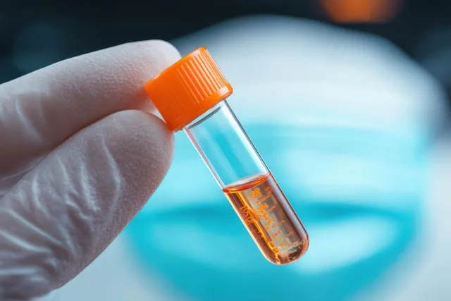 A gloved hand holds a small glass vial with orange liquid as a masked person remains blurred behind.