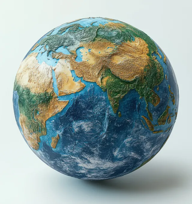 Hyper-realistic 3D globe showing Asia and Europe with detailed land textures, oceans, and faint clouds on a white background.