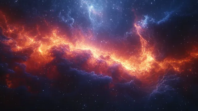 Fiery red plasma and deep blue star clouds form an interstellar nebula across a dark space background.