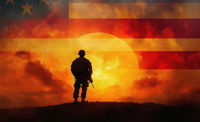 Silhouetted soldier stands on a hill at sunset with an American flag pattern overlay in the sky.