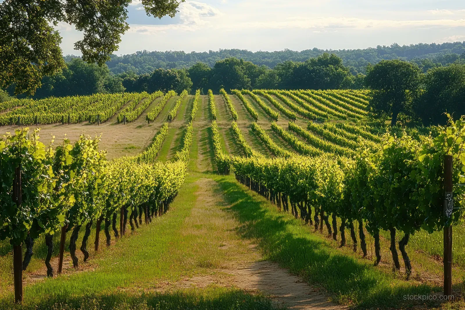 Sunlit rows of green grapevines lead down a vineyard path beneath a partly cloudy sky.