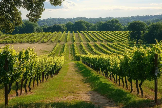 Sunlit grapevine rows in a countryside vineyard, with a partly cloudy sky and tree-lined horizon