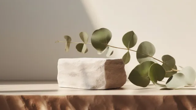 Minimal stone podium with eucalyptus sprigs on beige background, soft natural shadows