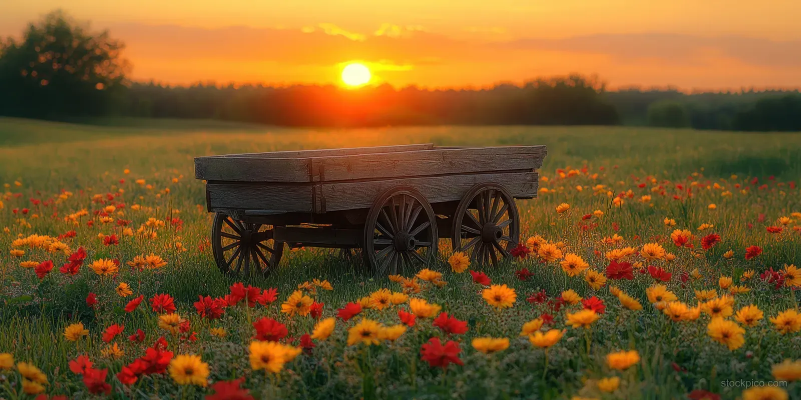 Rustic wooden cart parked in a sunny meadow filled with wildflowers at sunrise.