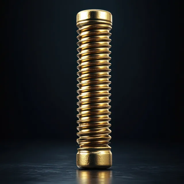 Golden screw standing upright under dramatic chiaroscuro light on dark reflective background